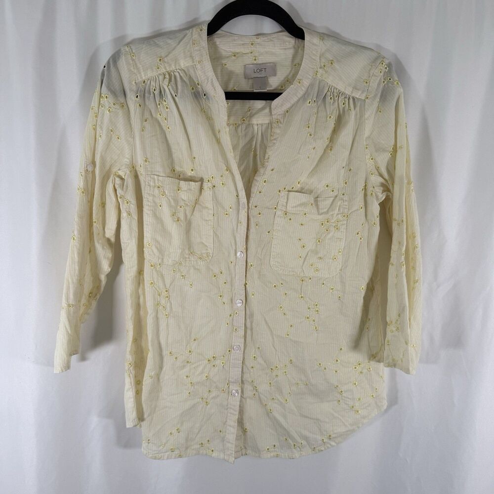 LOFT Blouse Women's Small Yellow Striped Floral Button Up 3/4 Sleeve Lightweight